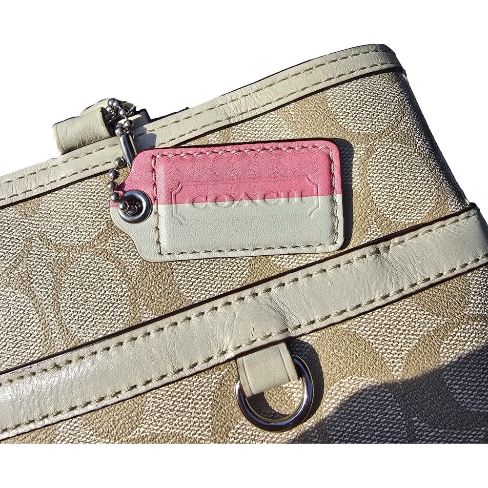 COACH Signature Stripe Tote Bag Beige Pink Canvas Leather Shoulder Purse - Picture 3 of 15